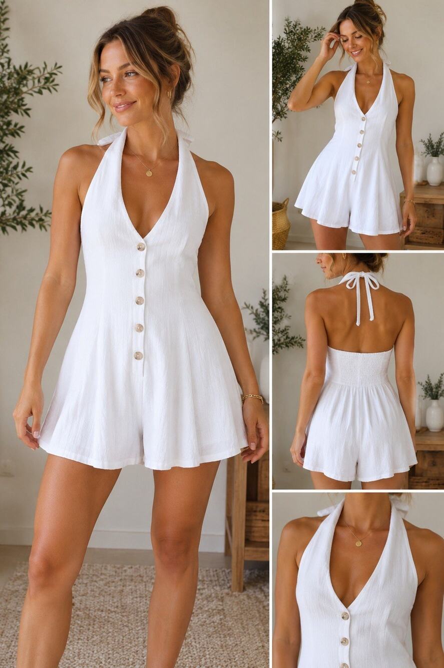 Sadie & Sage White Linen Blend Halter Romper XS Button Front Tie Neck Coastal